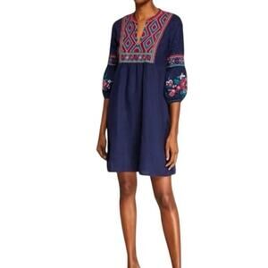 Johnny Was Ladies Navy LinenAnnaliese Bishop Sleeve Embroidered Peasant Dress L